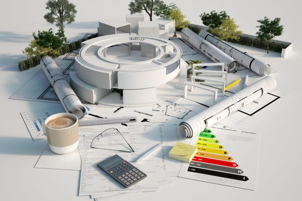 3D rendering of the architecture model of a circular building with trees on top of blueprints, documents  and energy efficiency chart